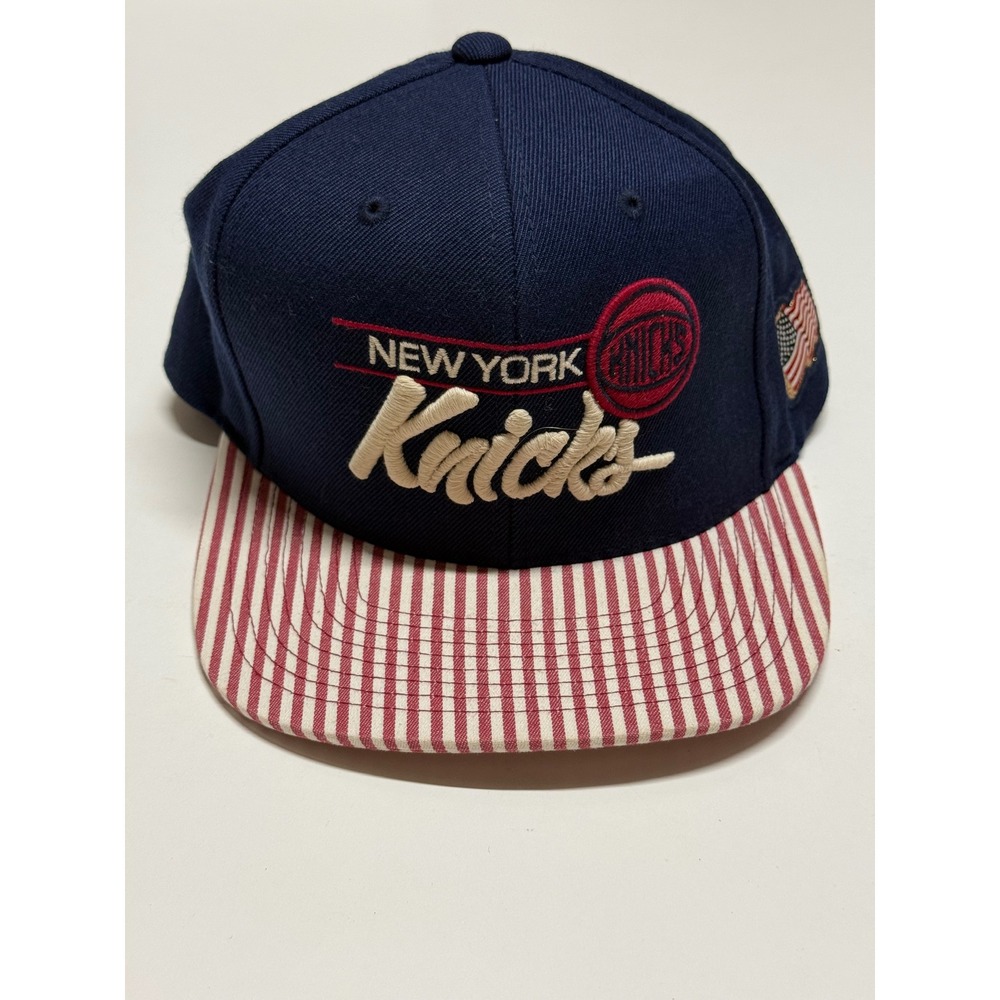 Mitchell & Ness New York Knicks Snapback Hat Navy Blue Red White Striped NBA Cap